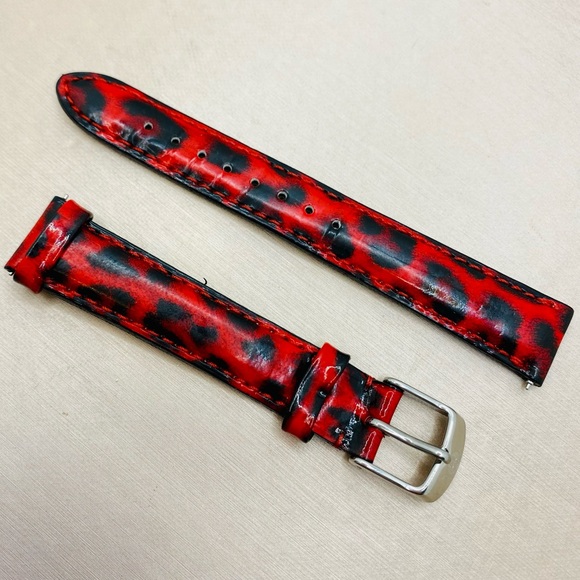 EUC MICHELE 16mm Red/Black Leopard Print Genuine Leather Replacement Band Strap - Picture 1 of 13